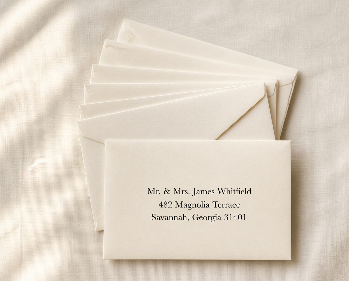 A stack of cream envelopes with a printed addressing sample showing crisp, typeset text