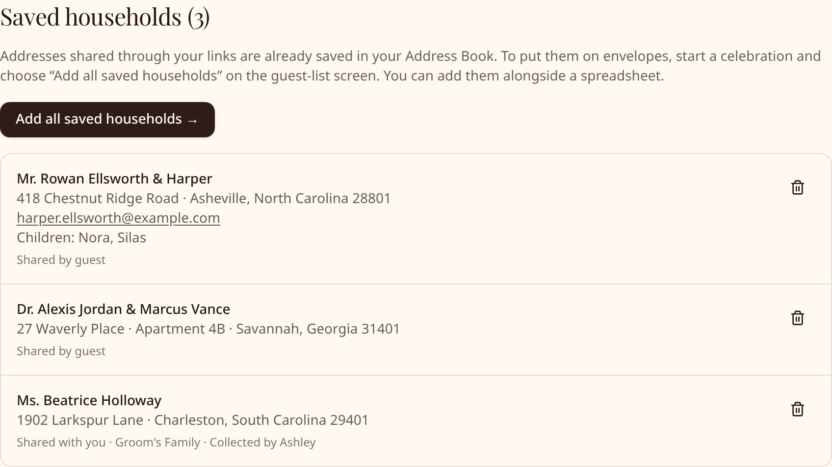 The host's Address Book listing three fictional saved households with their street addresses, children's names, and labels showing which were shared by guests and which were shared by a family member.