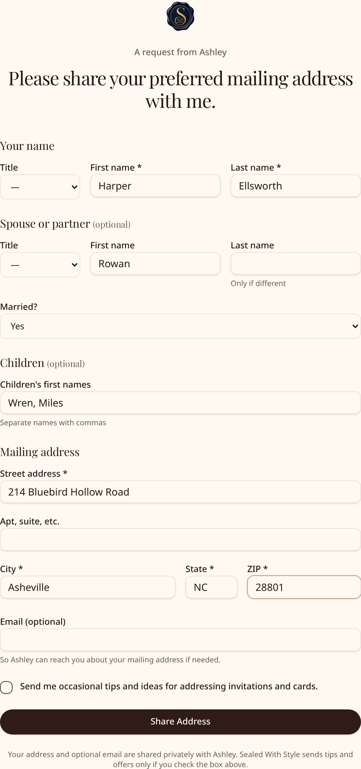 Sample of the private guest address-collection form a guest opens on their phone: a request from the host asks for the guest's name, an optional spouse or partner, children's first names, and their mailing address, with a Share Address button at the bottom. Names and address shown are fictional.